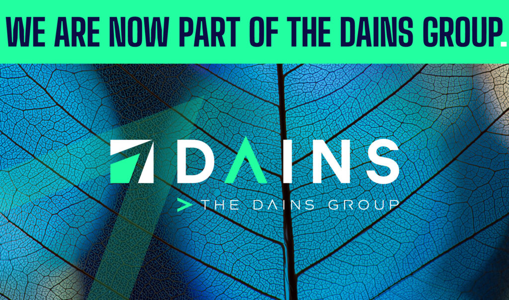 The next part of your Dains journey. The Dains Group logo over a detailed blue leaf background.